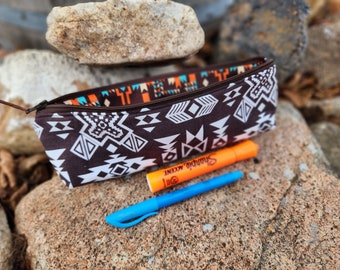 Slim Aztec Pencil Case, Southwest Zipper Bag, Makeup brush pouch, crochet needle bag, zipper pouch for pencils, Brown zip bag, Aztec Zip bag