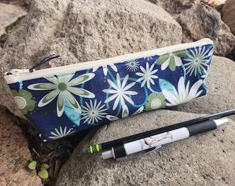 Slim Floral Pencil Case, Floral Zipper Bag, Makeup Brush Pouch, Crochet Hook Bag, Zipper Pouch for pencils,  Navy Green bag, makeup bag