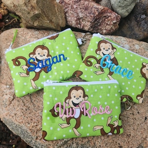 Monkey Coin Purse, Personalized zip pouch, Zipper Wallet, Kids Change Purse, ear bud pouch, lunch money pouch, monkey coin bag, monkey gift