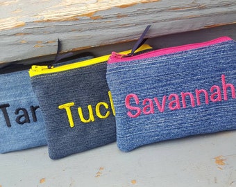 Denim Coin Purse, Personalized Zipper Wallet, Denim Pouch, Ear Bud Pouch, Denim Zipper Bag, Change Purse