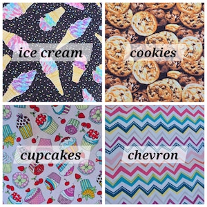 May include: A four-panel collage of fabric patterns. Top left: ice cream cones on black with sprinkles. Top right: chocolate chip cookies. Bottom left: cupcakes and cherries on light fabric. Bottom right: multi-colored horizontal chevron stripes.