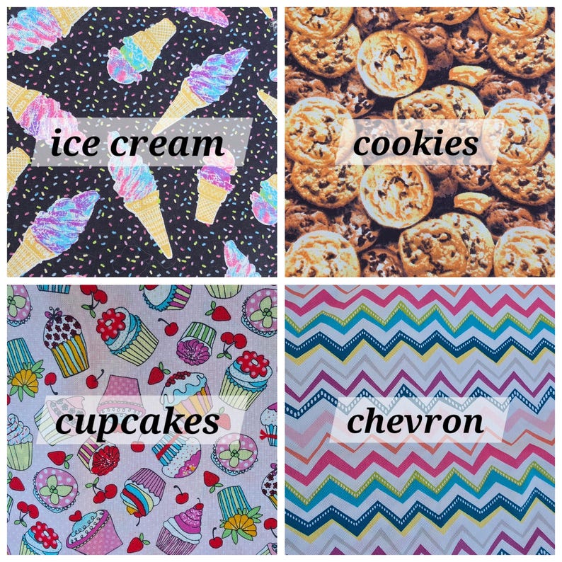 May include: A four-panel collage of fabric patterns. Top left: ice cream cones on black with sprinkles. Top right: chocolate chip cookies. Bottom left: cupcakes and cherries on light fabric. Bottom right: multi-colored horizontal chevron stripes.