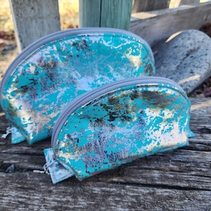 Curved Cosmetic Bag, Purse Organizer, Shell Shaped Makeup Bag, Aqua Foil cotton Fabric Zipper Bag, Half Moon Pouch, Wide Opening Zipper Bag