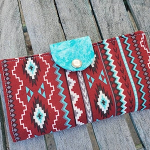 Cubierta de chequera del suroeste, estuche de cupón, chequera de tela, chequera de damas, chequera con broche, chequera de rayas burdeos