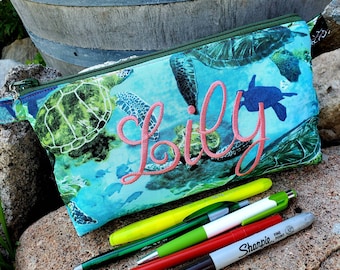 Sea Turtle Pencil Case, Personalized School Supply Bag, Fabric Zipper Bag, personalized pencil bag, sea life pencil Pouch, Turtle Makeup Bag