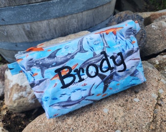 Shark Pencil Case, Personalized School Supply Bag, Fabric Zipper Bag, Kids Zipper Pouch, Shark Makeup Bag, hammerhead bag