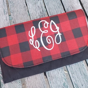 Cartera de damas de cuadros de búfalo rojo, soporte de chequera roja y negra, billetera de cuadros negros, billetera de tela, billetera de damas