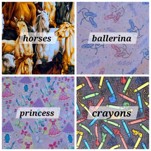 May include: A four-panel collage of patterned fabric. The top-left shows horses in shades of brown, white, and black. The top-right features pink and blue ballet slippers and musical notes. The bottom-left displays princesses and flowers. The bottom-right shows colorful crayons.
