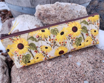 Slim Sunlower Pencil Case, Floral Zipper Bag, Makeup brush pouch, crochet Hook bag, zipper pouch for pencils,  sunflower gift, makeup bag