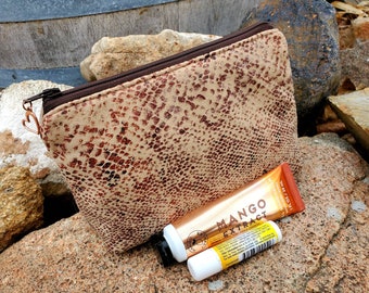 Suede cosmetic bag, snakeskin makeup pouch, zippered purse organizer,  fabric zipper bag, handmade pouch, brown snakeskin bag