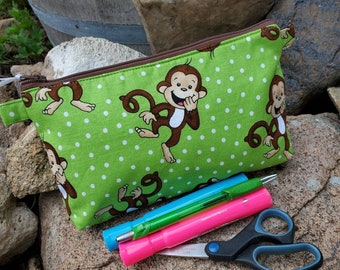 Monkey pencil pouch, Personalized School Supply Bag, Fabric Zipper Bag, pencil bag, pencil Pouch, monkey Makeup Bag, cosmetic bag