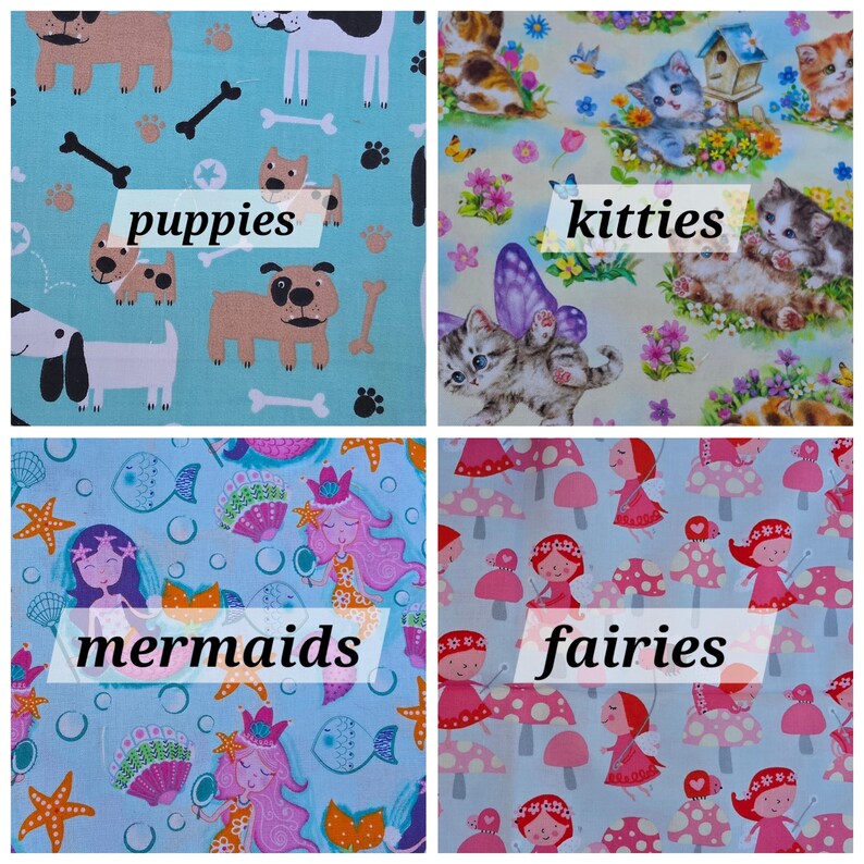 May include: A four-panel collage of patterned fabric. Top left features brown puppies and bones on light blue. Top right shows kittens and flowers on cream. Bottom left displays mermaids and seashells on blue. Bottom right shows fairies and mushrooms on white.