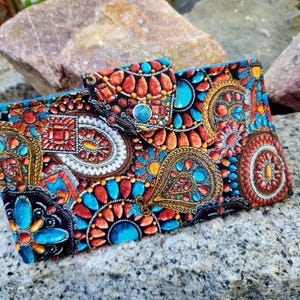 Funda para chequera del suroeste, billetera para cupones, chequera de tela, chequera para dama, chequera con broche, estuche para cheques hecho a mano