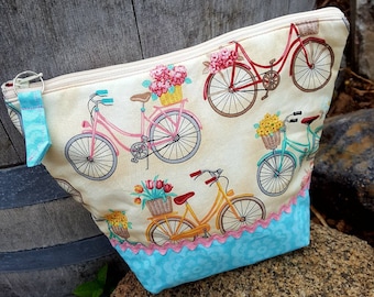 Bicycle Cosmetic Bag, Travel Bag,  Bike Makeup Bag, Vendor Cash Bag, Zippered Makeup Bag, Handmade Makeup Bag