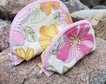 Curved Cosmetic Bag, Travel Bag, Purse Organizer, Floral Makeup Bag, Fabric Zipper Bag, Half Moon Pouch, Wide Opening Zipper Bag