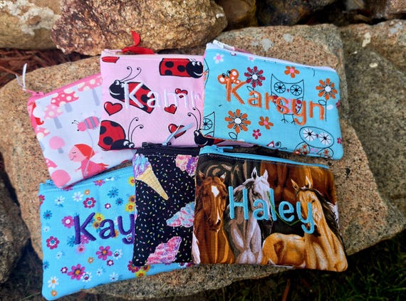 Personalized Girl's Coin Purse, zipper Wallet, Change Purse, Ear Bud Bag, butterfly coin purse, coin purse with name, handmade fabric pouch