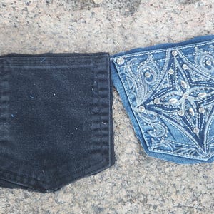 Pu&ograve; includere: Due tasche di jeans. Una &egrave; nera tinta unita, l'altra &egrave; blu chiaro con ricami bianchi intricati e abbellimenti color argento. Le tasche provengono probabilmente da jeans o da un capo simile.