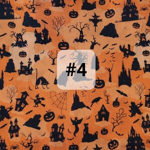 May include: Orange fabric with a Halloween pattern featuring black silhouettes of houses, bats, pumpkins, spiders, witches, and trees. The fabric has the number "#4" printed on it.