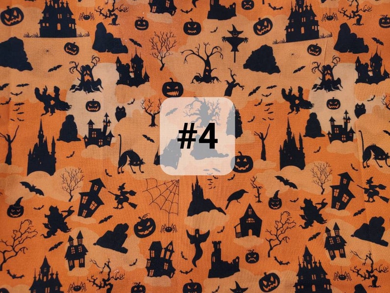 May include: Orange fabric with a Halloween pattern featuring black silhouettes of houses, bats, pumpkins, spiders, witches, and trees. The fabric has the number "#4" printed on it.