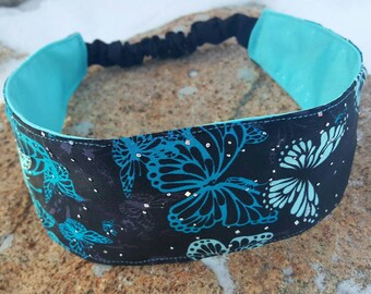Black & Turquoise Satin Headband, Ladies reversible Butterfly Headband