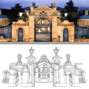 May include: A black and white line drawing of a grand entrance to a building with two large gates and a smaller gate in the center. The gates are topped with ornate designs and the building has a symmetrical design with a central archway.