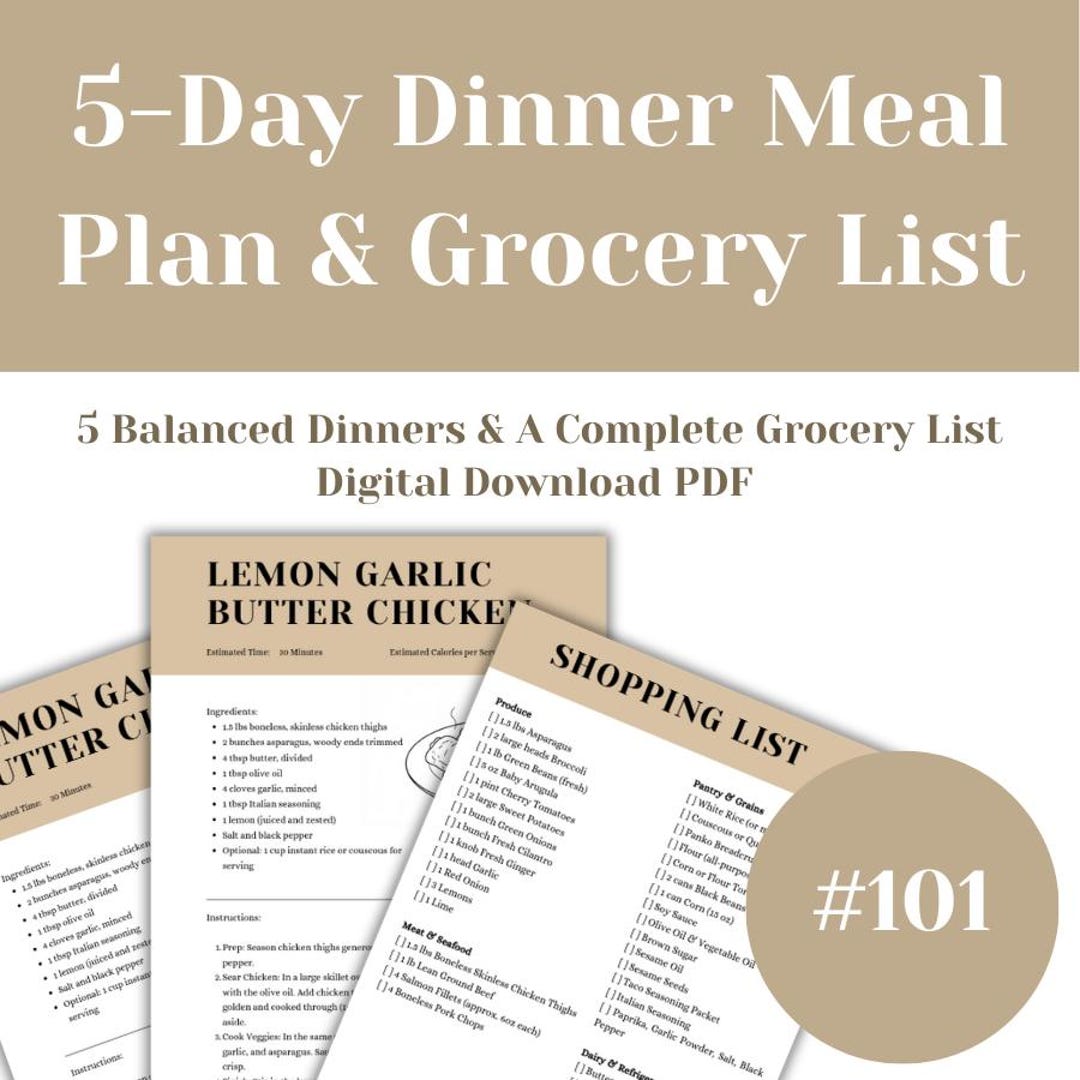 5-day Dinner Meal Plan & Grocery List | Quick, Healthy Recipes (digital ...