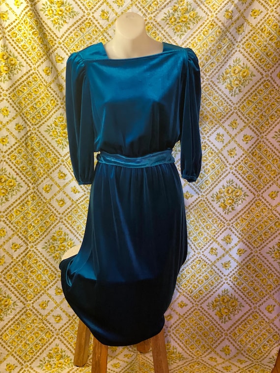 Velvety blue 80's sash dress by Jodi Michaels