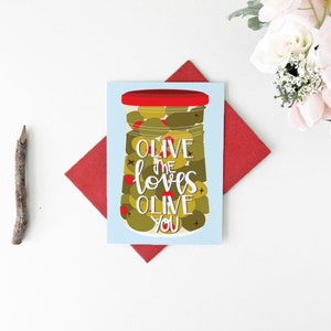 Carte de Saint-Valentin jeu de mots nourriture - carte de gourmet - carte Olive Me Loves Olive You - carte de jeu de mots nourriture - carte de Saint-Valentin lesbienne - carte de Saint-Valentin gay