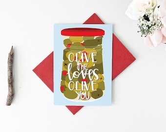 Food Pun Valentine's Day Card - Foodie Card - Olive Me Loves Olive You Card - Food Pun Card - Lesbian Valentine Card - Gay Valentine Card