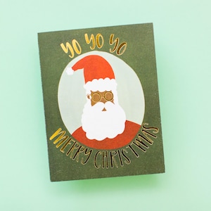 Tarjeta navideña Yo Yo Yo con lámina dorada / Divertidas tarjetas navideñas de Papá Noel negro