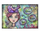 Inspiration Art Print of Original Mixed Media Painting, Modern Folk Art Expressive Woman with Purple Bird, Low Brow, Illustrated Faith