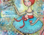 Tightrope Walker Pretty Ballerina Circus Girl Art PRINT 8x10 Whimsical Mixed Media Girl, Flying Trapeeze, Turquoise and Red Hearts & Roses