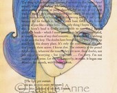 Whimsical blue haired beauty with lavender accents , 5x7 blue wall art