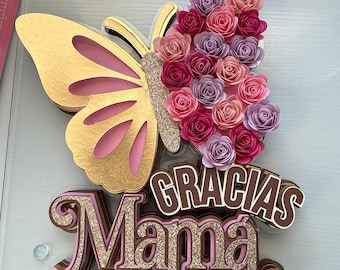 Topper para pastel Día de las Madres personalizado | Cake topper “Gracias Mamá” con flores de papel y mariposa
