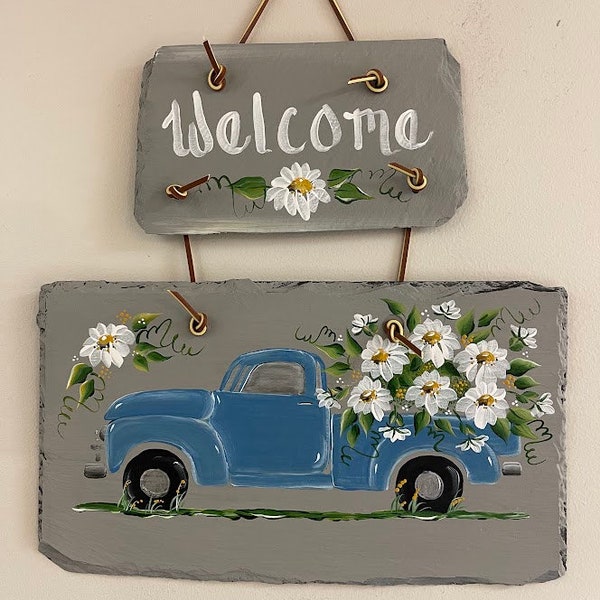 Hand painted farmer's truck on antique roofing slate (12.5" high x 12" wide)