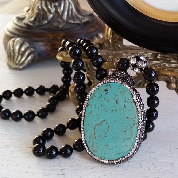 Turquoise Pendant Necklace Pave Pendant Rhinestone Beads Black Onyx Necklace Oval Bohemian Style Boho Necklace by Lizzietishboutique