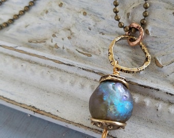 Basha Bead Necklace Brass Ball Chain Handmade Lampwork Bead Necklace Glass Bead Necklace Boho Chic by LizzieTishBoutique