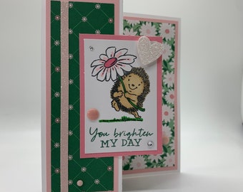 You Brighten My Day Daisy and Hedgehog Fun Fold Handmade Greeting Card