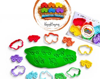 Monster Truck Playdough Stampers & Cookie Cutters | Sensory Play Tools | Party Favors | Gifts for Kids | Basket Stuffer | Stocking Stuffer