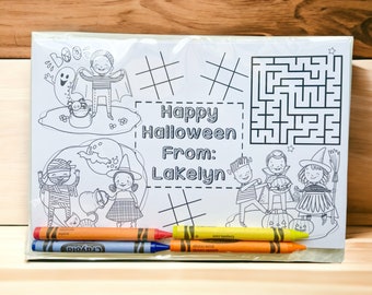 Personalized Halloween Party Favors - Halloween Crayon Coloring Kit - Coloring Placemat - Kids Party Favors - Halloween Class Party Favors