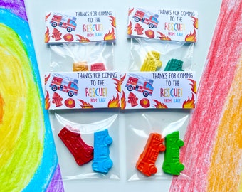 Fire Rescue Party Favors - Fire Truck Crayons - Kids Birthday Favors - Personalized Kids Party Favors - Party Favor Bags - Party Favor Tags