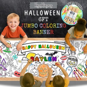 Halloween Coloring Page Banner – Giant 6ft Party Table Runner, Kids Activity, Trick or Treat, Boo Basket Filler, Personalized Halloween Gift