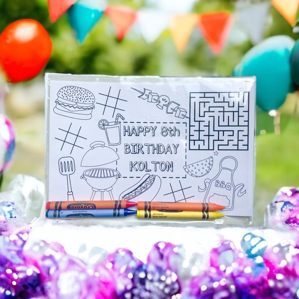 Personalized BBQ Birthday Party Favors - BBQ Crayon Coloring Kit - BBQ Coloring Placemat - Kids Party Favors - Barbecue Birthday Party Favor