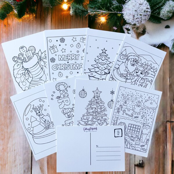 Christmas Coloring Postcards - Kids DIY Coloring Postcards - Color In Postcard Set - Kids Stocking Stuffers - Kids Gifts - Gifts For Kids