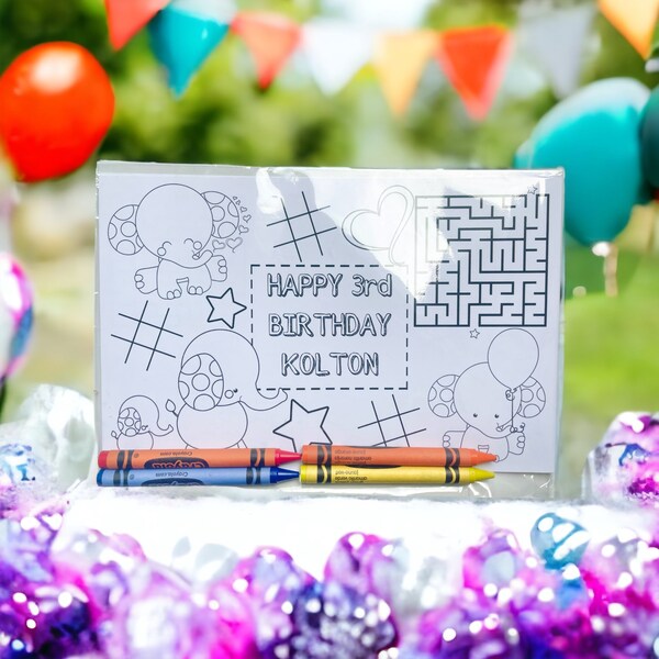 Personalized Elephant Party Favors - Elephant Crayon Coloring Kit - Elephant Coloring Placemat - Kids Party Favors - Elephant Birthday Party