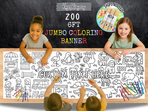 Zoo Coloring Page Banner - Personalized Coloring Poster - Kids Activity - Craft Gifts For Kids - Kids Zoo Party Table Cover - Zoo Animals