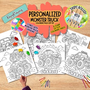 May include: A personalized monster truck coloring page gift set with crayons. The set includes six 24" x 24" coloring sheets featuring monster truck designs. The set is designed for children and includes the text "Charlie" on some pages.