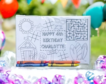 Personalized Surfing Birthday Party Favors - Surfing Crayon Coloring Kit - Surfer Coloring Placemat - Kids Party Favors - Beach Party Favors