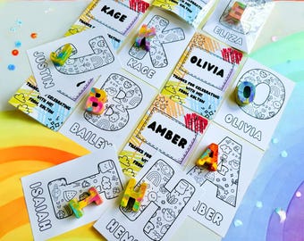 May include: A set of colorful personalized thank you cards with a crayon letter on each card. The cards feature a variety of colorful backgrounds and designs. The names on the cards include Justin, Kage, Bailey, Amber, Olivia, Isaiah, and Hem.