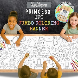May include: A large, black and white Princess-themed coloring banner with the text "PRINCESS 6FT JUMBO COLORING BANNER". The banner is 6 feet long and features a castle, princess, and other princess-related images. The banner is being colored by children.